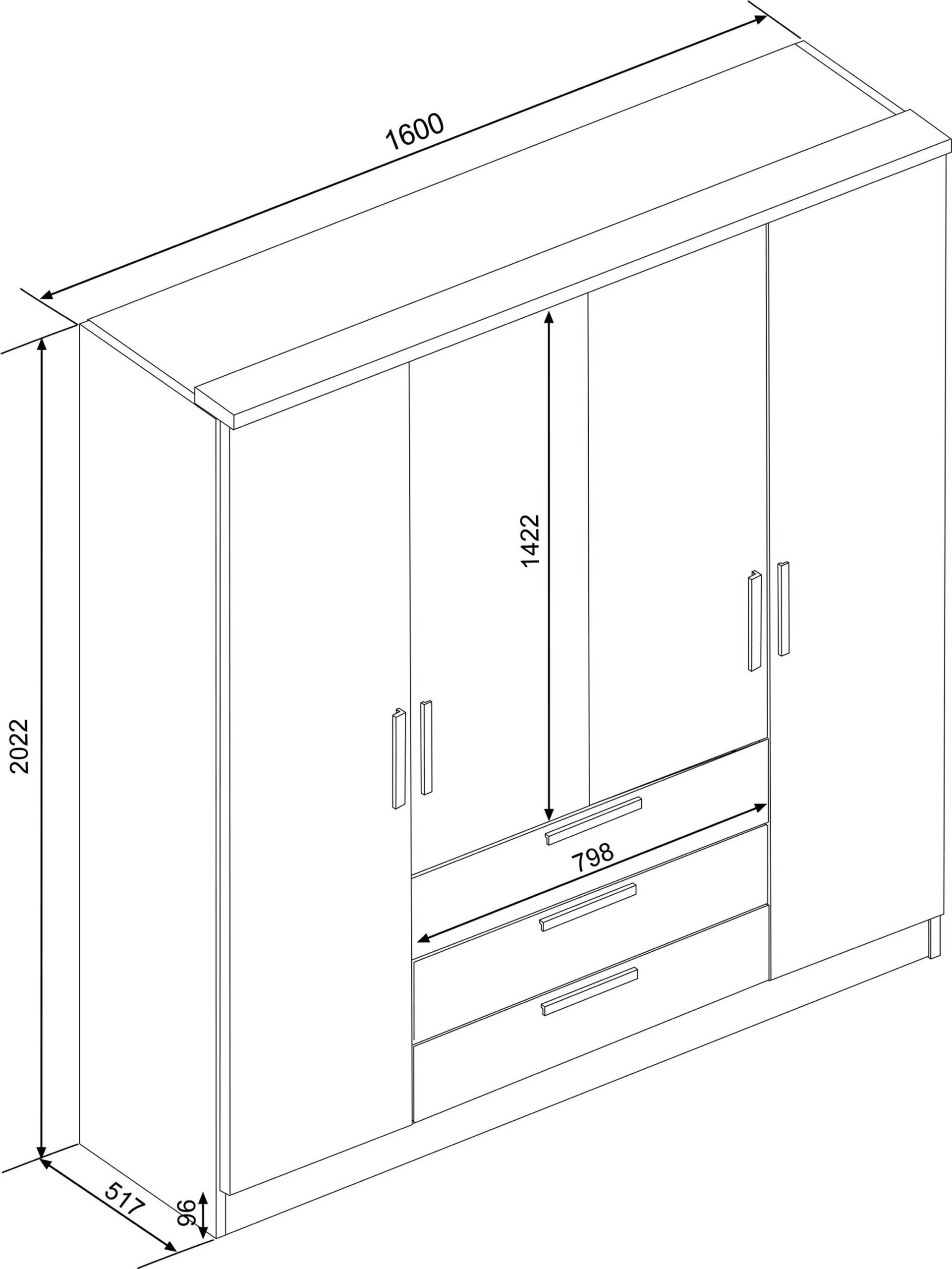 Kledingkast Ramos 160cm Met 4 Deuren & 3 Laden - Eik 4 Kledingkast Ramos 160cm Met 4 Deuren & 3 Laden - Eik - Afbeelding 2