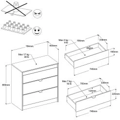 Commode Rue 78 Cm Met 3 Lades - Wit/grijs Of Wit/roze -Collectie Slaapkamermeubels 2150co3t picto mm 4804