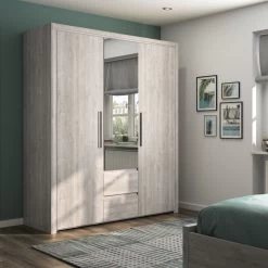 Kledingkast Luisa 184cm Met 3 Deuren & Spiegel - Lichtgrijze Eik