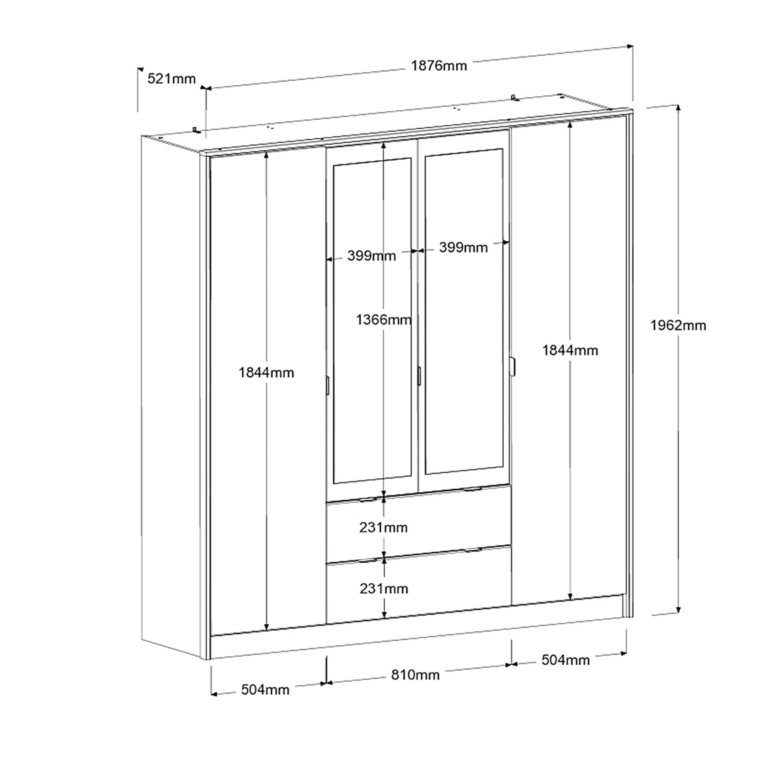 Kledingkast Yuri 188cm, 4 Deuren & 2 Lades - Antraciet/eik Decor 4 Kledingkast Yuri 188cm, 4 Deuren & 2 Lades - Antraciet/eik Decor - Afbeelding 2