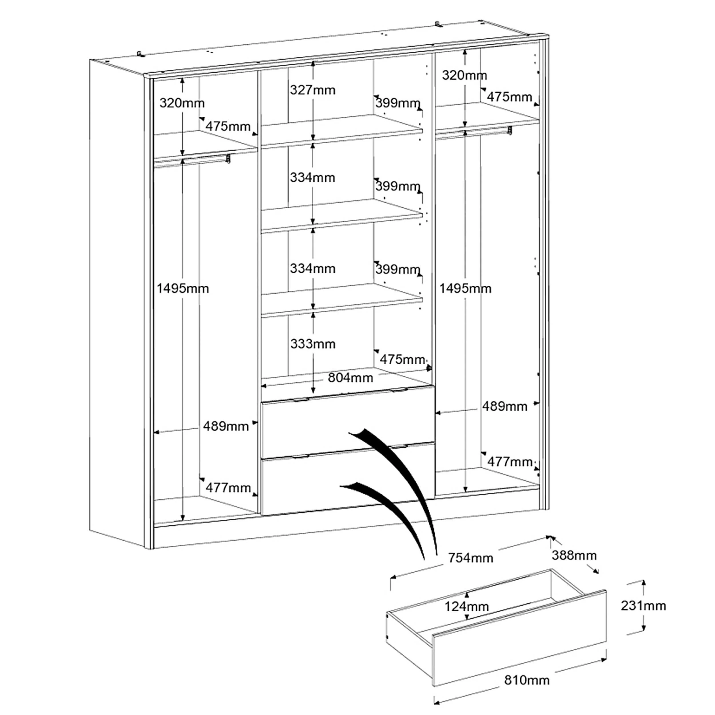 Kledingkast Yuri 188cm, 4 Deuren & 2 Lades - Antraciet/eik Decor 5 Kledingkast Yuri 188cm, 4 Deuren & 2 Lades - Antraciet/eik Decor - Afbeelding 3