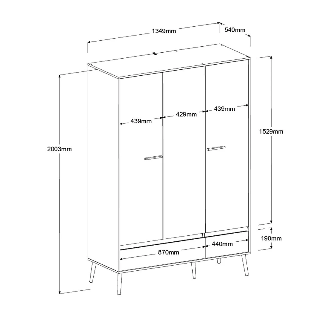 Kledingkast Hardy 135cm Met 3 Deuren - Zwart/eik 6 Kledingkast Hardy 135cm Met 3 Deuren - Zwart/eik - Afbeelding 4