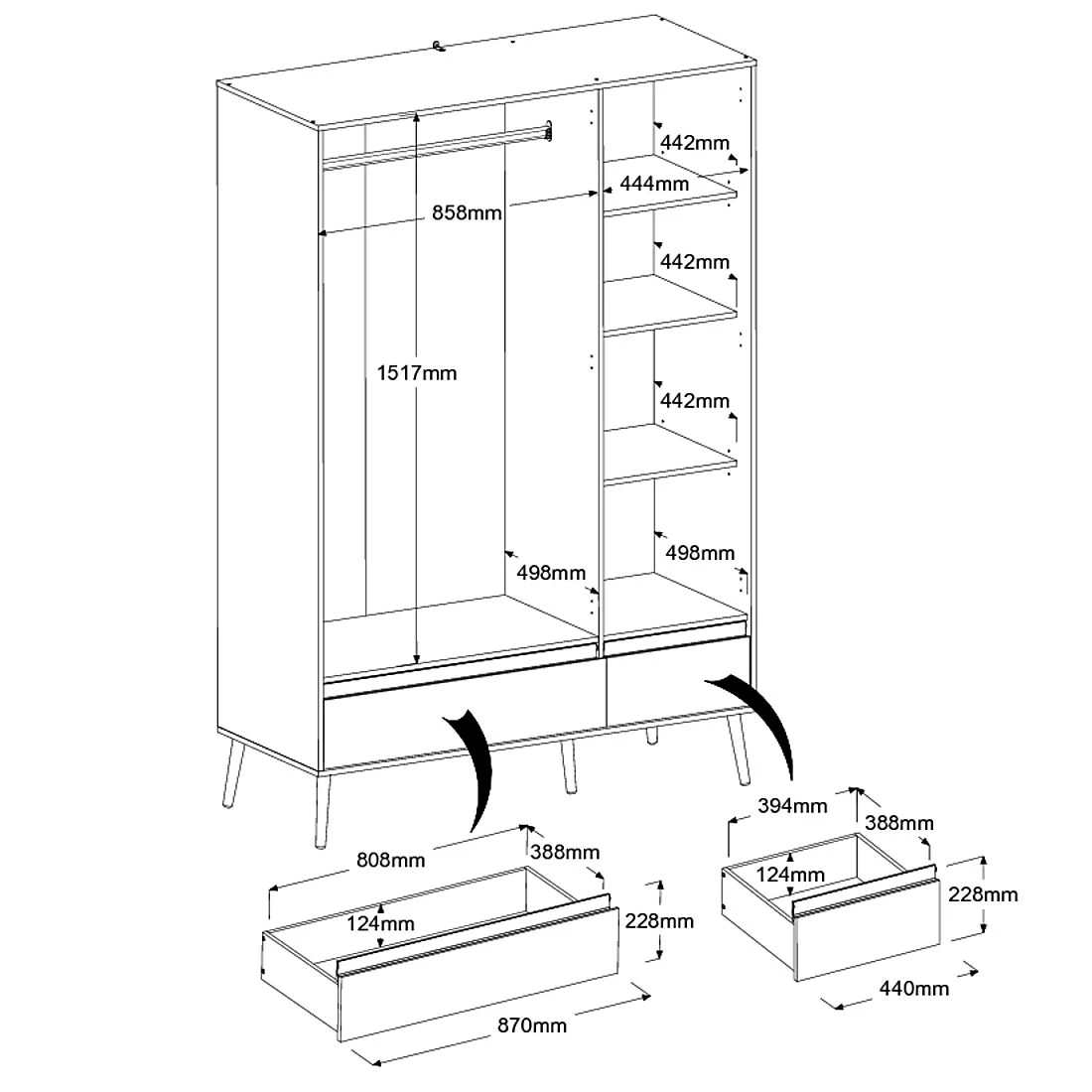 Kledingkast Hardy 135cm Met 3 Deuren - Zwart/eik 4 Kledingkast Hardy 135cm Met 3 Deuren - Zwart/eik - Afbeelding 2