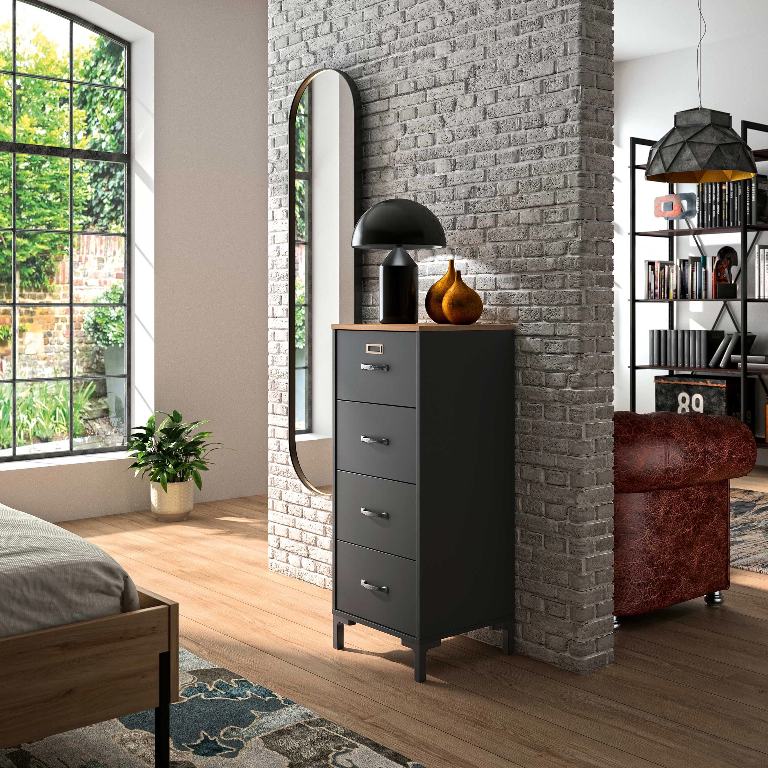 Ladekast Manno 4 Lades - Zwart/Helvezia Eik 3 Ladekast Manno 4 Lades - Zwart/Helvezia Eik