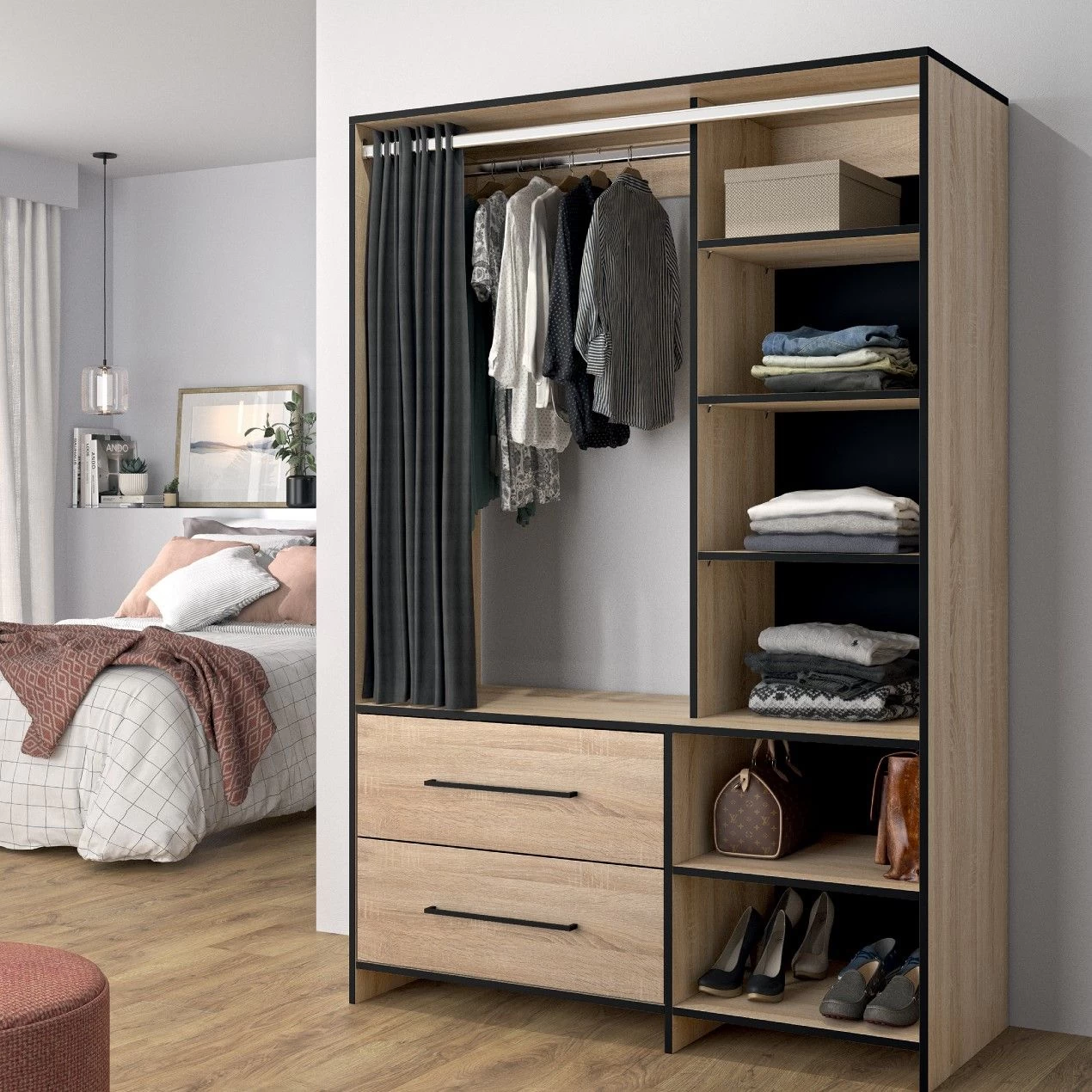 Kledingkast Jungo 122cm 2 Lades - Eik/zwart 3 Kledingkast Jungo 122cm 2 Lades - Eik/zwart