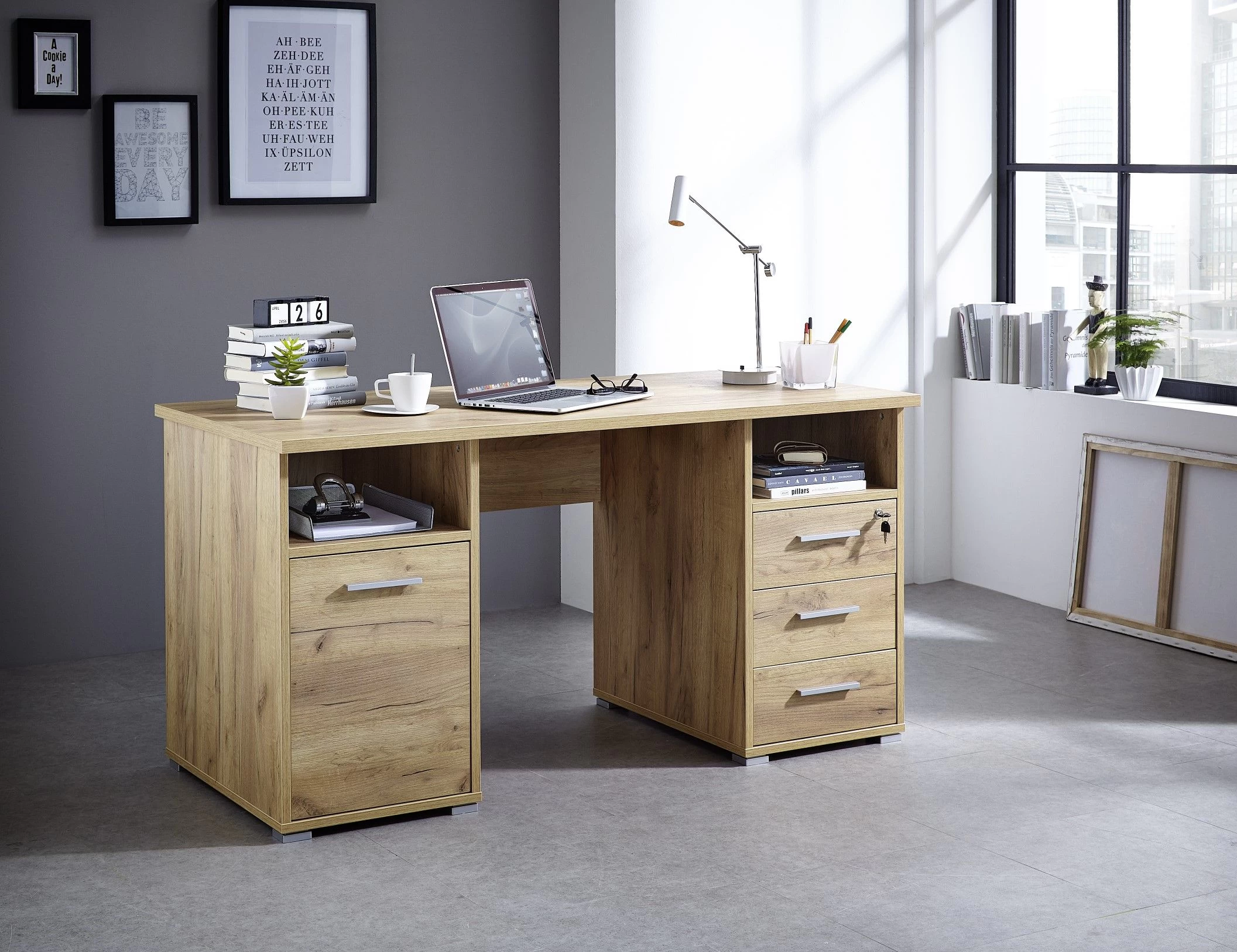 Bureau Branko 145cm Met 1 Deur & 3 Lades - Eik 4 Bureau Branko 145cm Met 1 Deur & 3 Lades - Eik - Afbeelding 2