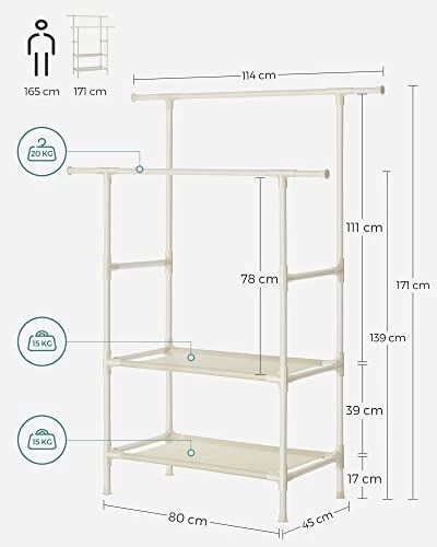 Songmics Metalen Kledingstandaard: Belastbaar Tot 70 Kg, Eenvoudige Montage, 2 Planken, 2 Hangstangen 6 Songmics Metalen Kledingstandaard: Belastbaar Tot 70 Kg, Eenvoudige Montage, 2 Planken, 2 Hangstangen - Afbeelding 4