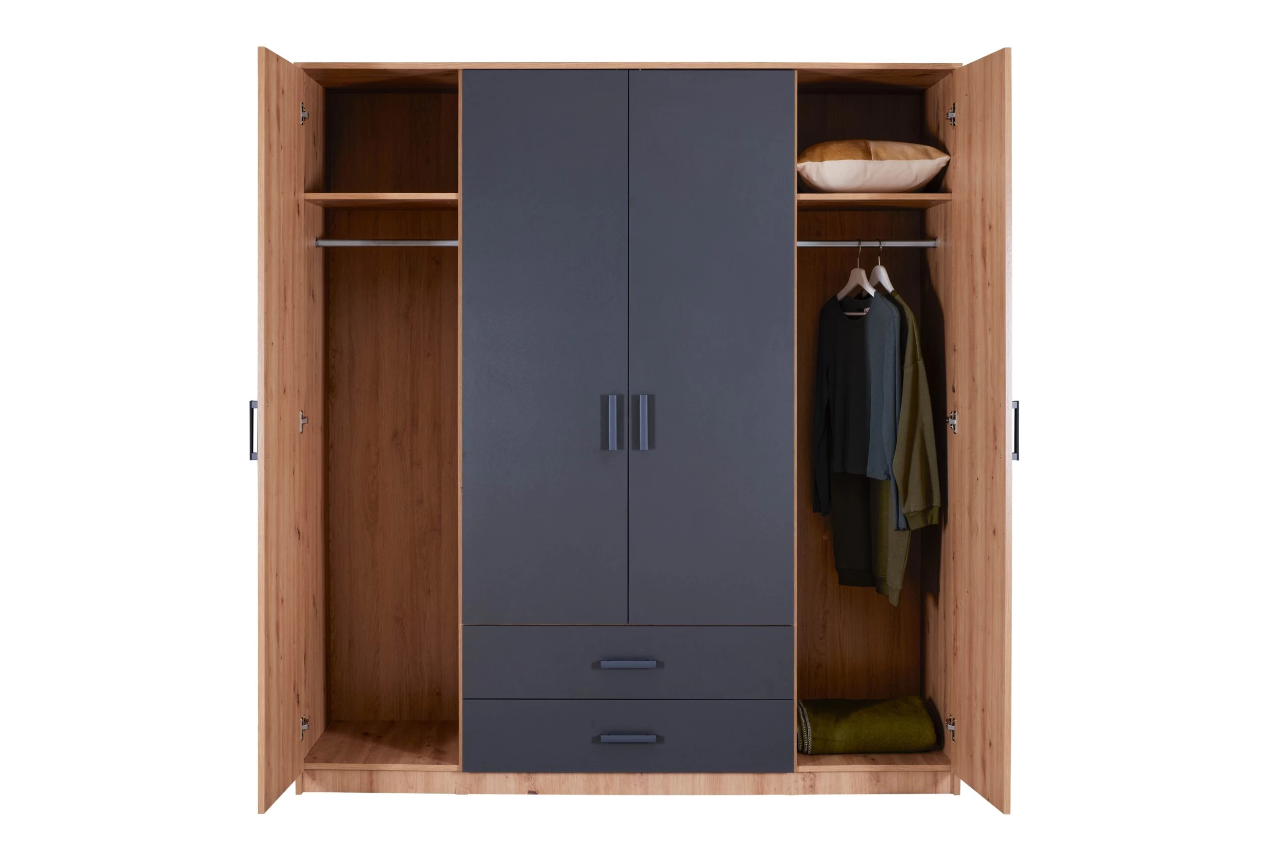 Kleerkast Liora | 4 Deuren, 2 Lades | 180 X 58 X 198,5 | Massief Hout / Antraciet 8 Kleerkast Liora | 4 Deuren, 2 Lades | 180 X 58 X 198,5 | Massief Hout / Antraciet - Afbeelding 6