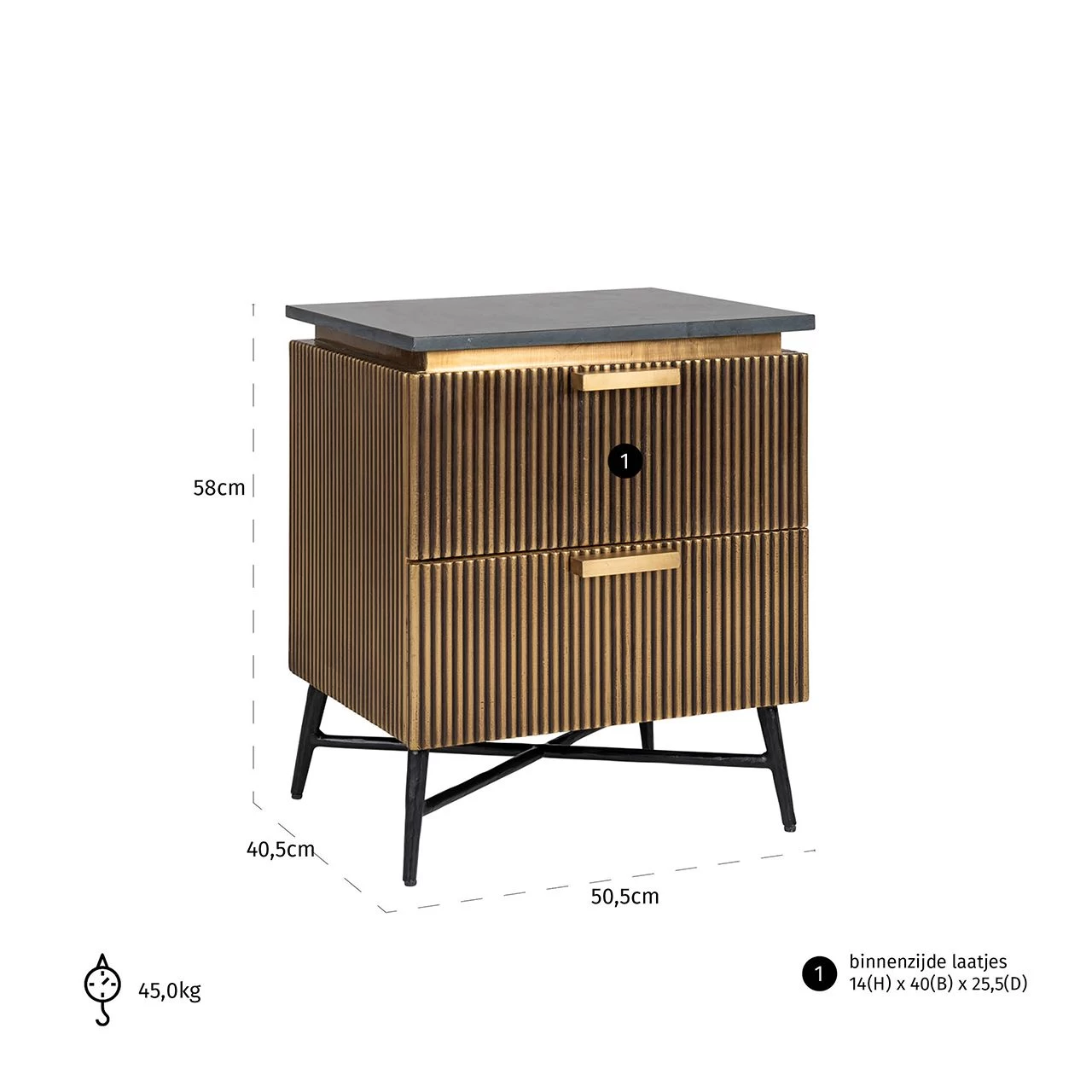 RICHMOND Nachtkastje Aarons 50,5cm 2 Lades - Goud 5 RICHMOND Nachtkastje Aarons 50,5cm 2 Lades - Goud - Afbeelding 3