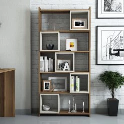 Houten Boekenplank | 80 X 22 X 170 Cm | Notenhout-crèmekleur -Collectie Slaapkamermeubels 845HCT3603 20 202 4998