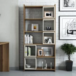 Houten Boekenplank | 80 X 22 X 170 Cm | Notenhout-crèmekleur -Collectie Slaapkamermeubels 845HCT3603 20 203 d629