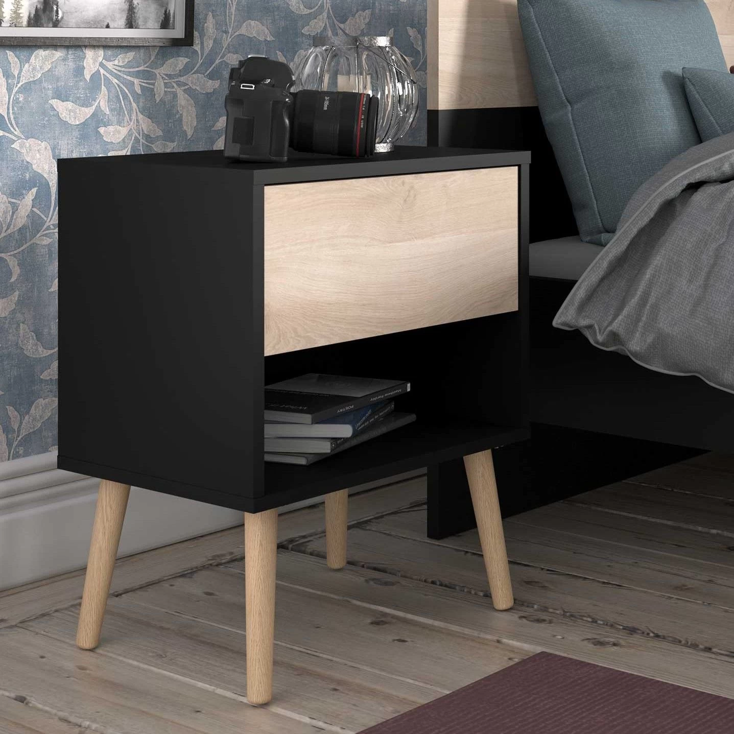 Nachtkastje Hardy 44cm 1 Lade - Zwart/eik 3 Nachtkastje Hardy 44cm 1 Lade - Zwart/eik