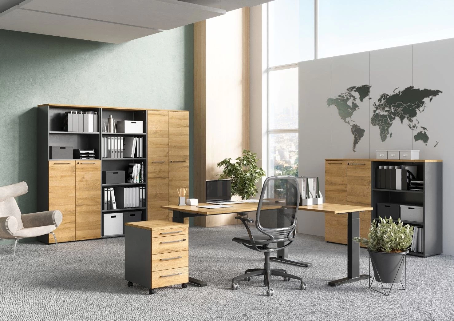 Archiefkast Osmond 80cm Met 2 Deuren & 2 Open Vakken - Eik/grafiet 4 Archiefkast Osmond 80cm Met 2 Deuren & 2 Open Vakken - Eik/grafiet - Afbeelding 2