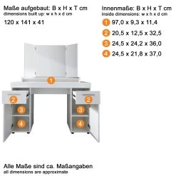 Bureau- En Kaptafel Amanda Met Spiegel | 120 X 41 X 141 Cm | Melaminegecoat | High Glossy White -Collectie Slaapkamermeubels Amanda SMT 1393 014 01 Datenblatt 20190827 aa95