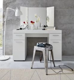 Bureau- En Kaptafel Amanda Met Spiegel | 120 X 41 X 141 Cm | Melaminegecoat | High Glossy White -Collectie Slaapkamermeubels Amanda SMT 1393 014 01 frontal D 20190827 9495