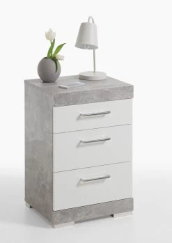 FMD Nachtkastje Cristal 3 Laden - Beton/hoogglans Wit -Collectie Slaapkamermeubels Bristol 20 Beton Wei Edelglanz 7963