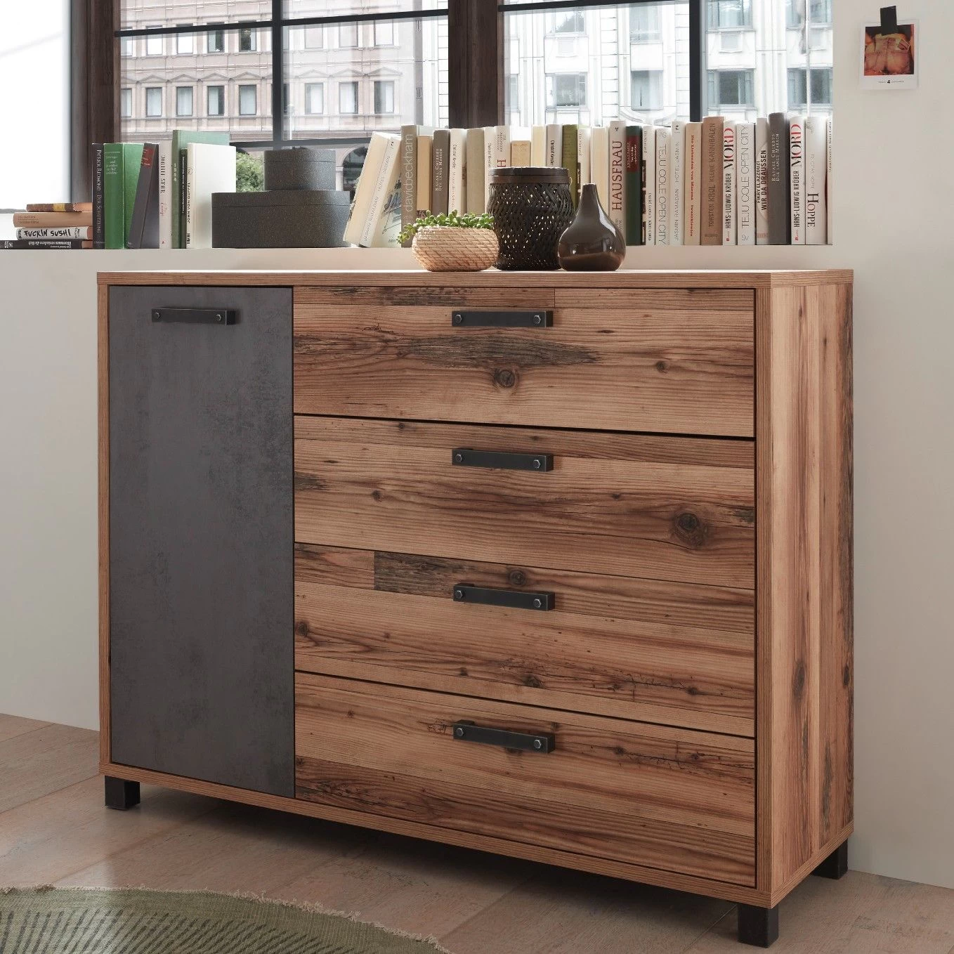 Commode Kalas 125cm Met 1 Deur & 4 Lades - Bruin/grijs 3 Commode Kalas 125cm Met 1 Deur & 4 Lades - Bruin/grijs