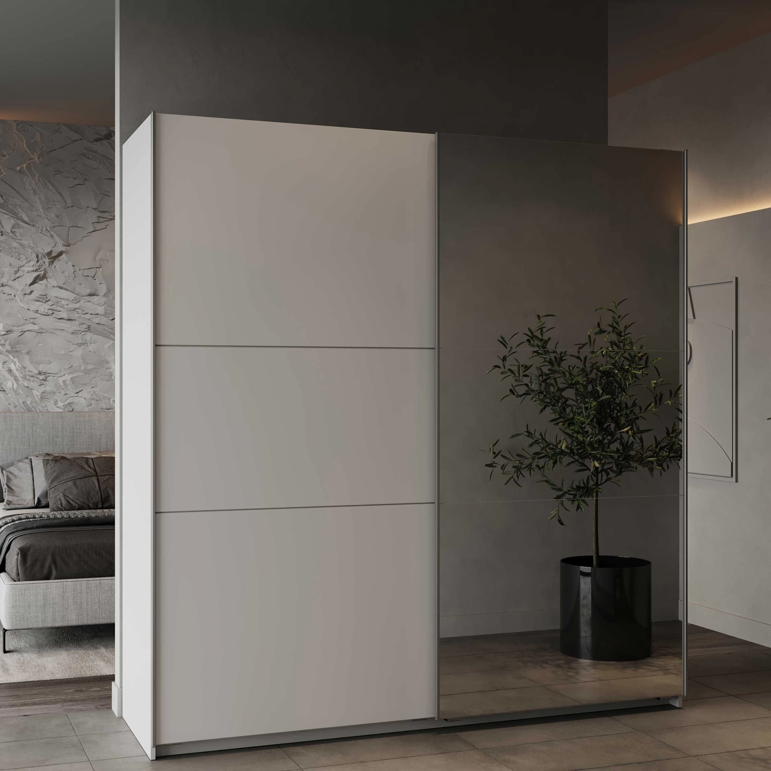 Garderobekast Spectre 195cm Met Schuifdeuren En Spiegel - Mat Wit 3 Garderobekast Spectre 195cm Met Schuifdeuren En Spiegel - Mat Wit