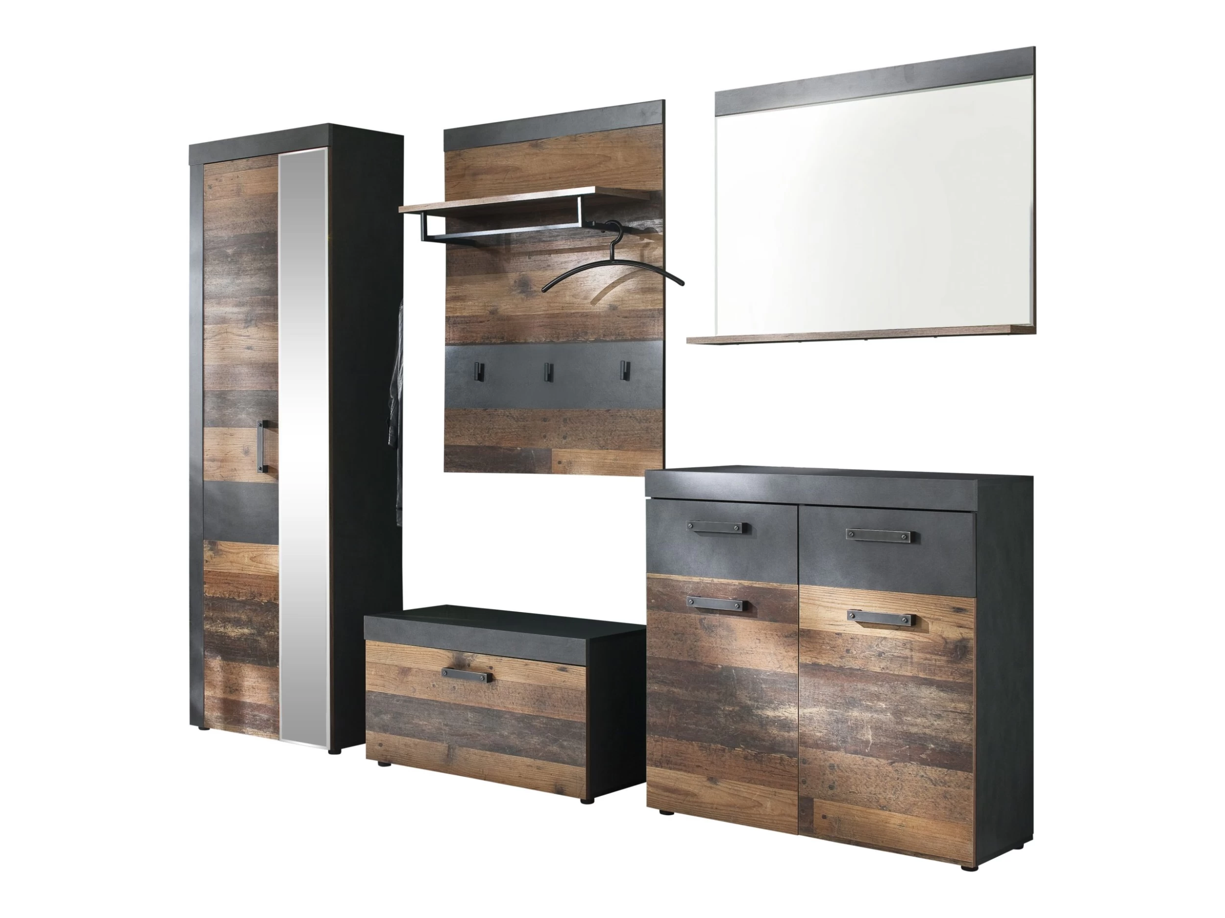 Garderobecombinatie Indy | Paneel, Bank, Spiegel, Schoenen- En Kledingkast | Old Wood-decor 5 Garderobecombinatie Indy | Paneel, Bank, Spiegel, Schoenen- En Kledingkast | Old Wood-decor - Afbeelding 3