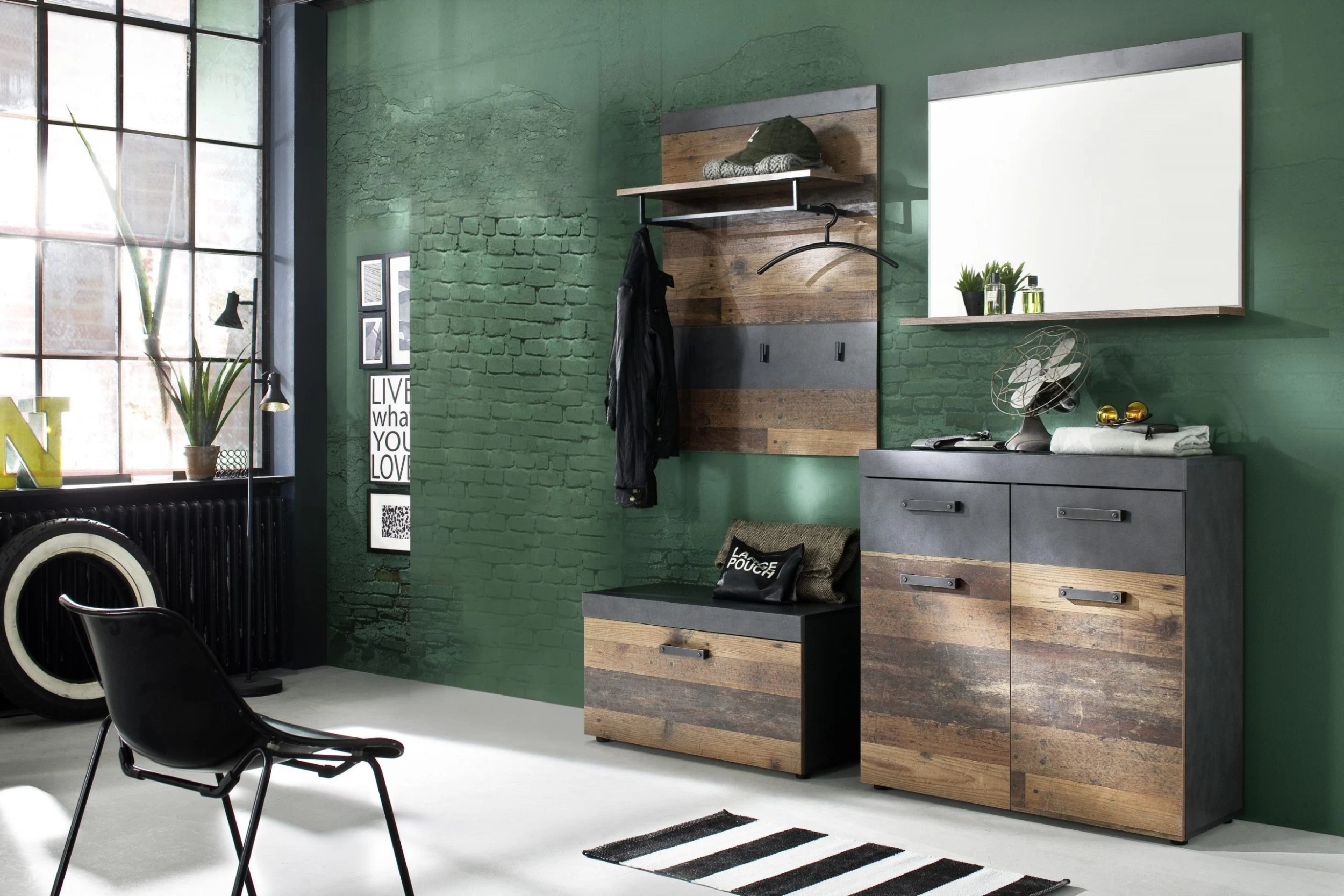 Garderobecombinatie Indy | Paneel, Bank, Spiegel, Commode | Old Wood-decor 4 Garderobecombinatie Indy | Paneel, Bank, Spiegel, Commode | Old Wood-decor - Afbeelding 2