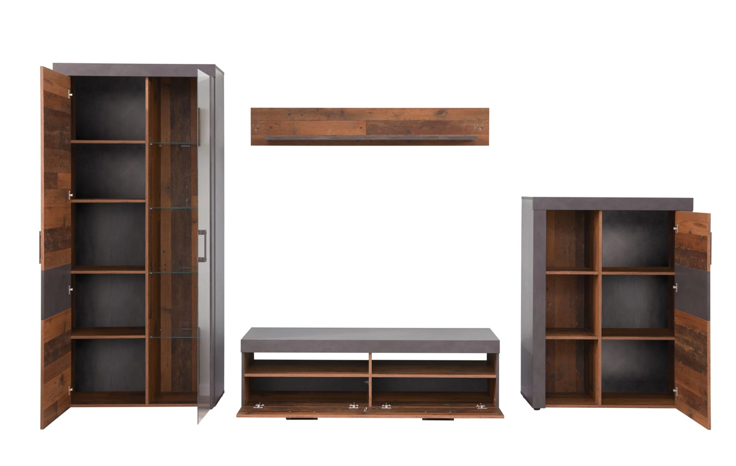 Woonkamerset Indy | Tv-meubel, Plank, Vitrinekasten | Old Wood-decor 5 Woonkamerset Indy | Tv-meubel, Plank, Vitrinekasten | Old Wood-decor - Afbeelding 3