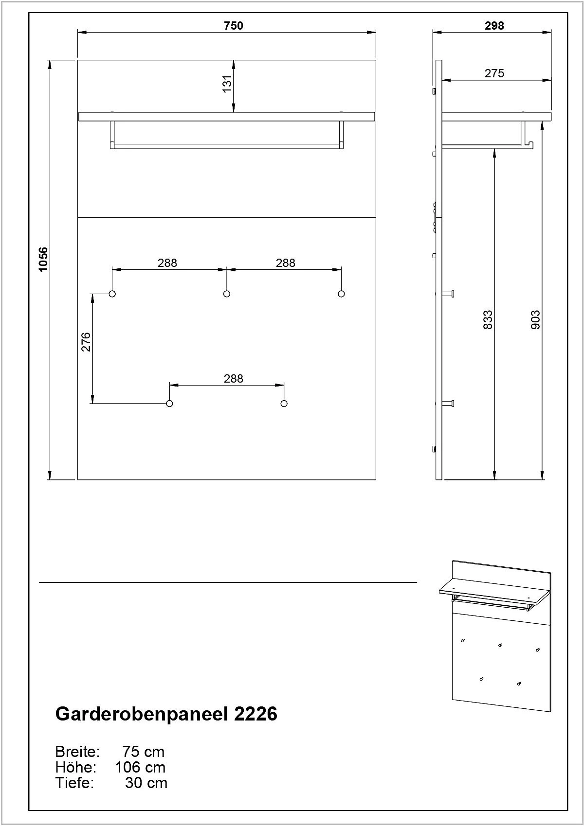 Wandkapstok Abby Met 5 Haken En Kledingroede - Eik 4 Wandkapstok Abby Met 5 Haken En Kledingroede - Eik - Afbeelding 2