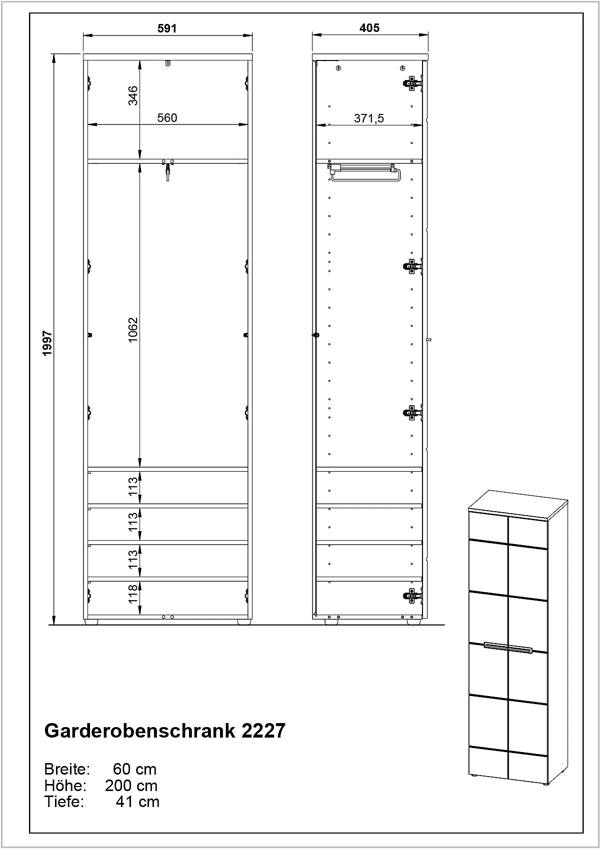 Kledingkast Abby Met 2 Deuren En 5 Legplanken - Eik/hoogglans Wit 5 Kledingkast Abby Met 2 Deuren En 5 Legplanken - Eik/hoogglans Wit - Afbeelding 3