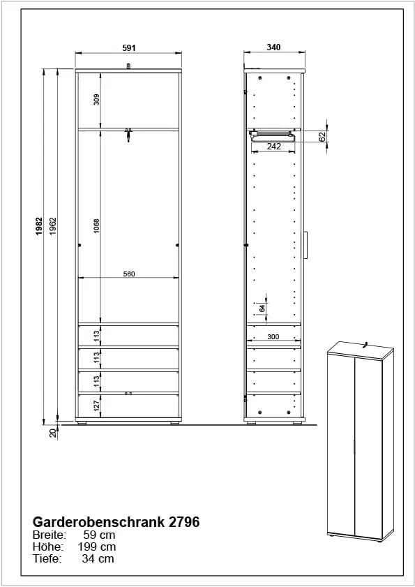 Garderobekast Frodo Met 2 Deuren - Eik 5 Garderobekast Frodo Met 2 Deuren - Eik - Afbeelding 3