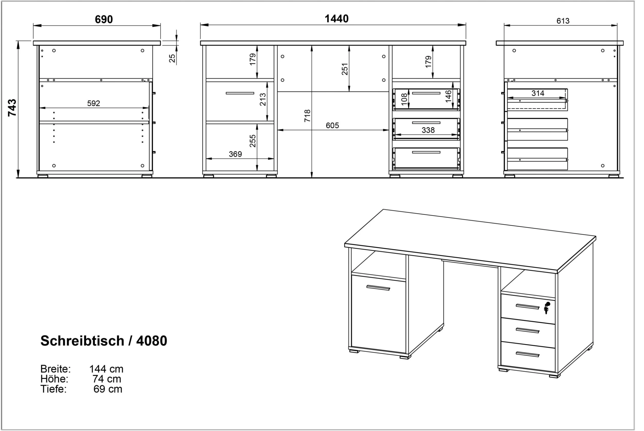 Bureau Branko 145cm Met 1 Deur & 3 Lades - Eik 6 Bureau Branko 145cm Met 1 Deur & 3 Lades - Eik - Afbeelding 4