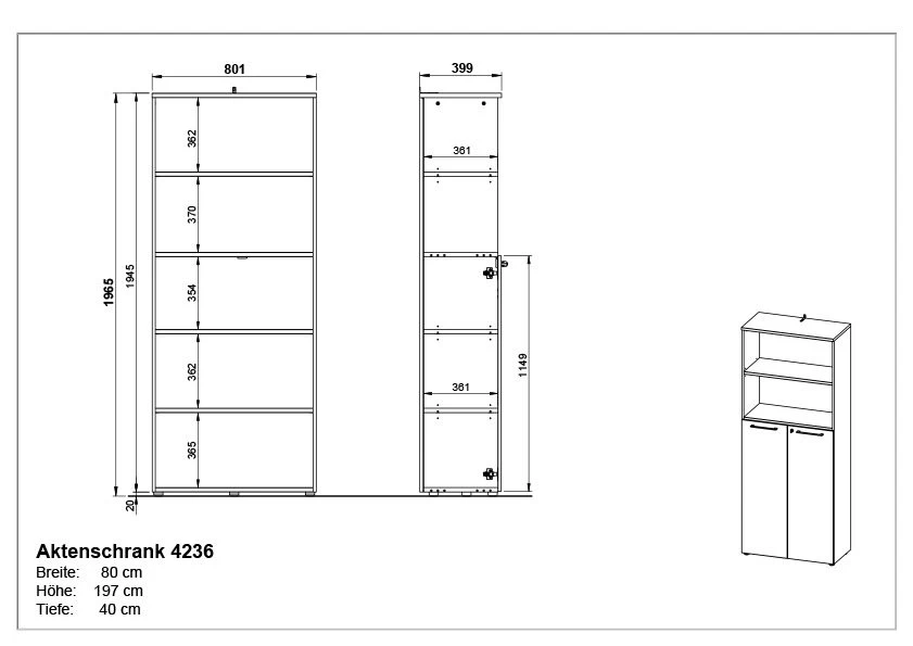 Archiefkast Osmond 80cm Met 2 Deuren & 2 Open Vakken - Eik/grafiet 5 Archiefkast Osmond 80cm Met 2 Deuren & 2 Open Vakken - Eik/grafiet - Afbeelding 3