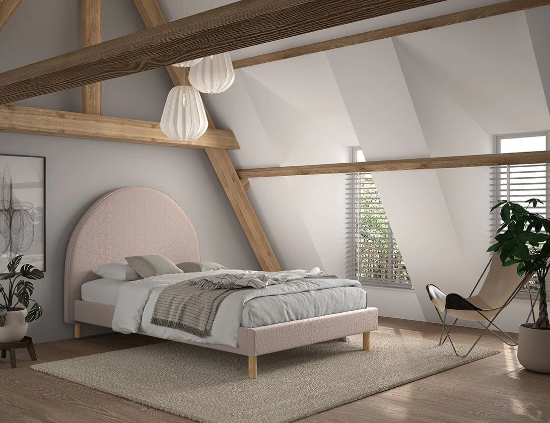 Gestoffeerd Bed Maeva 140x200cm Met Twee Nachttafeltjes - Roze Bouclé Stof 5 Gestoffeerd Bed Maeva 140x200cm Met Twee Nachttafeltjes - Roze Bouclé Stof - Afbeelding 3