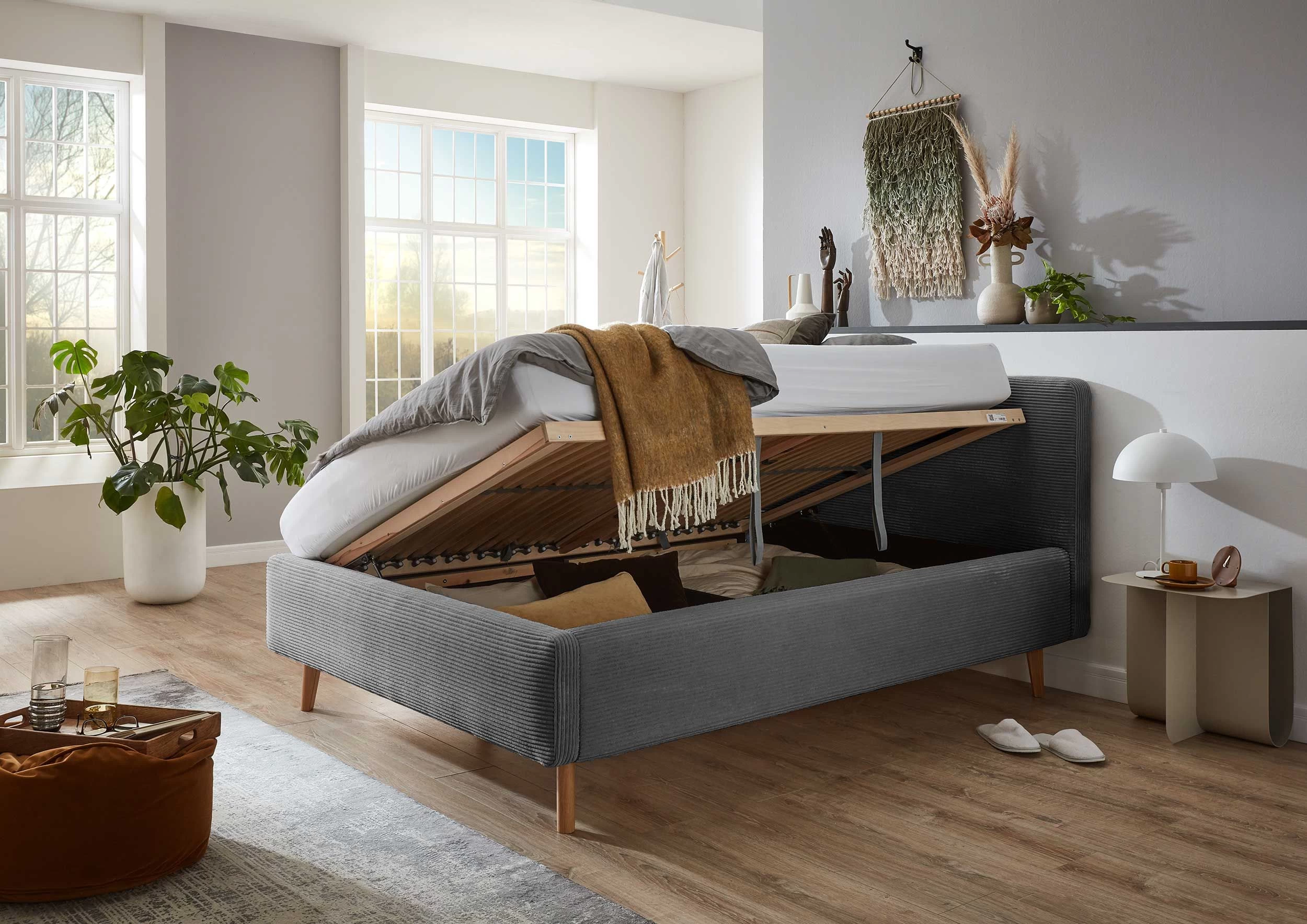 Bed Madras 140x200cm Met Opbergruimte Ribfluweel - Grijs 5 Bed Madras 140x200cm Met Opbergruimte Ribfluweel - Grijs - Afbeelding 3