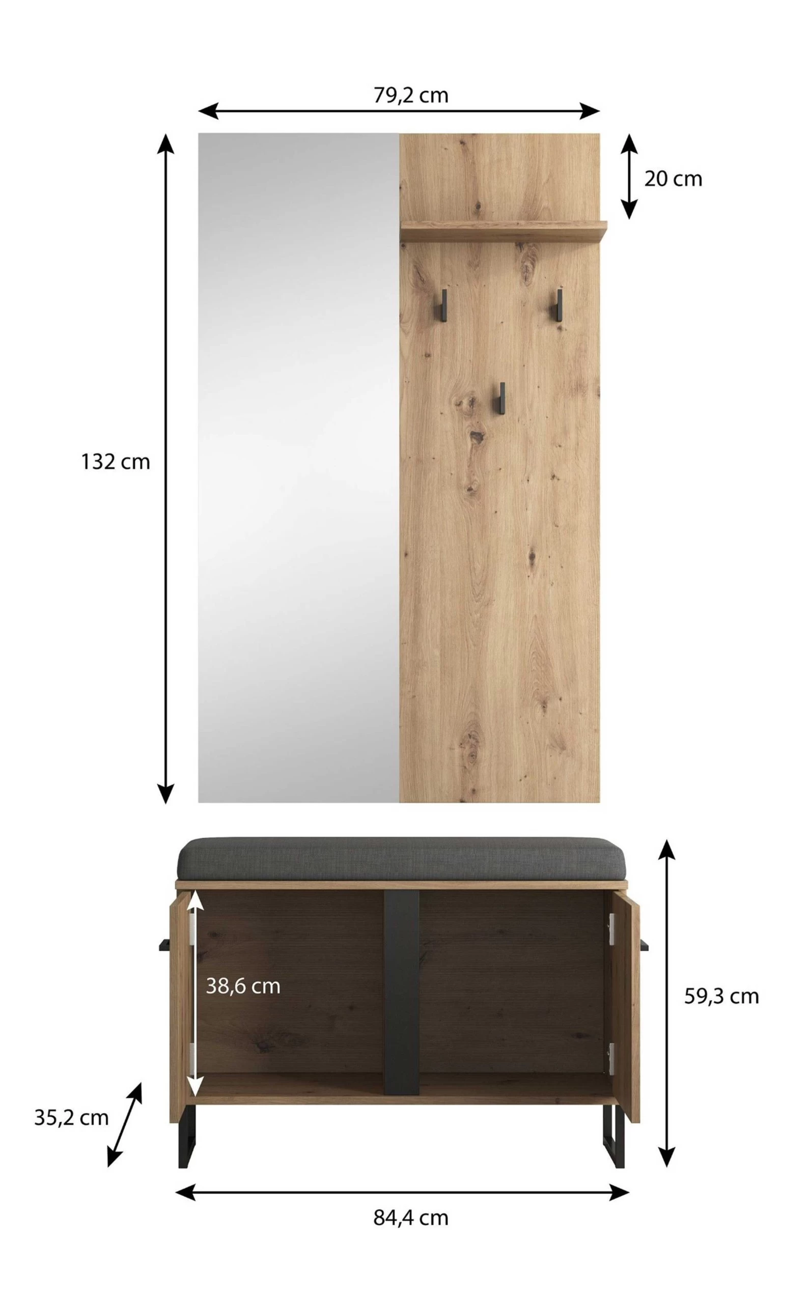 Halkapstok Met Spiegel / Hoedenplank Hoggas - Eik 4 Halkapstok Met Spiegel / Hoedenplank Hoggas - Eik - Afbeelding 2