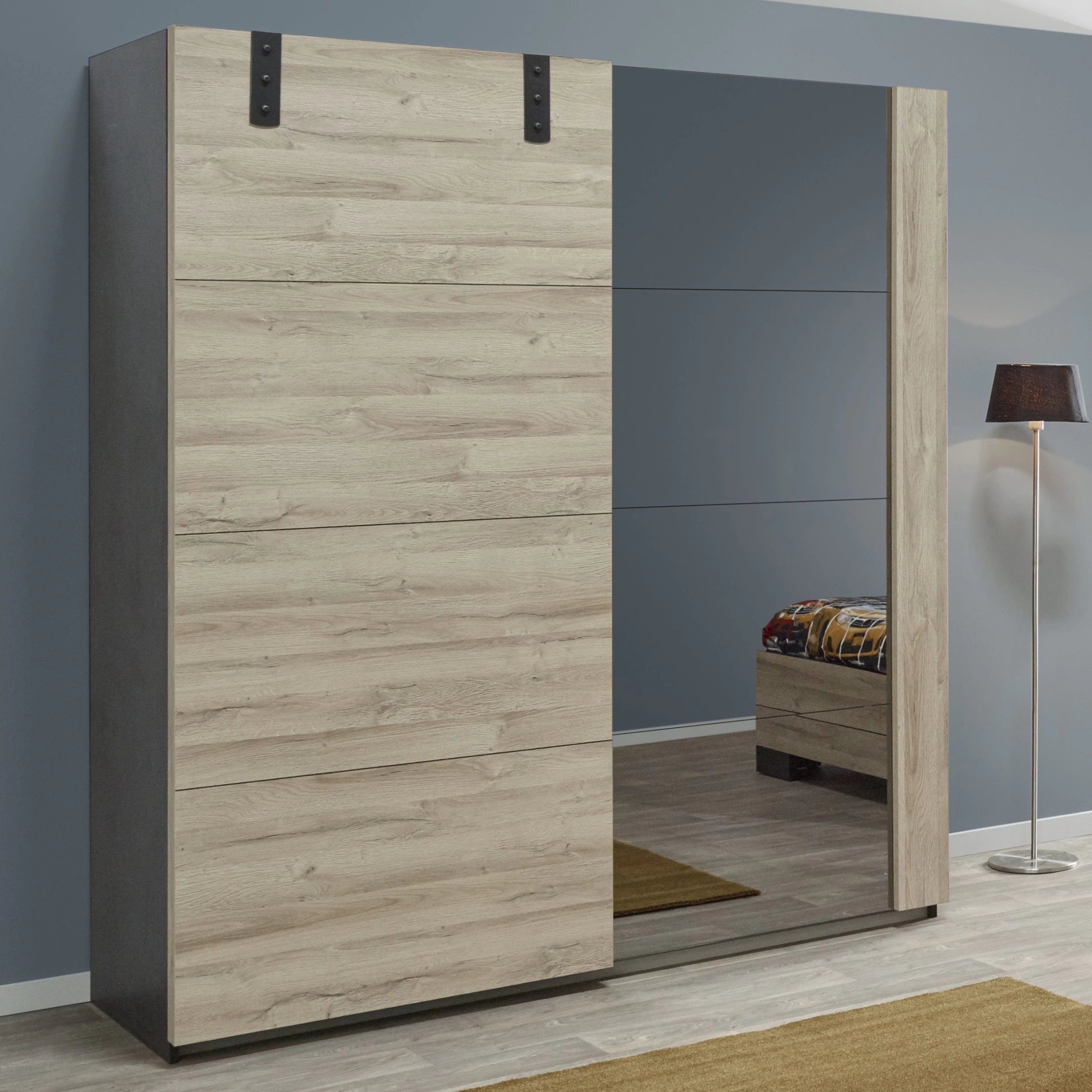 Kledingkast Nour 188cm Met Spiegel - Eik/zwart 3 Kledingkast Nour 188cm Met Spiegel - Eik/zwart