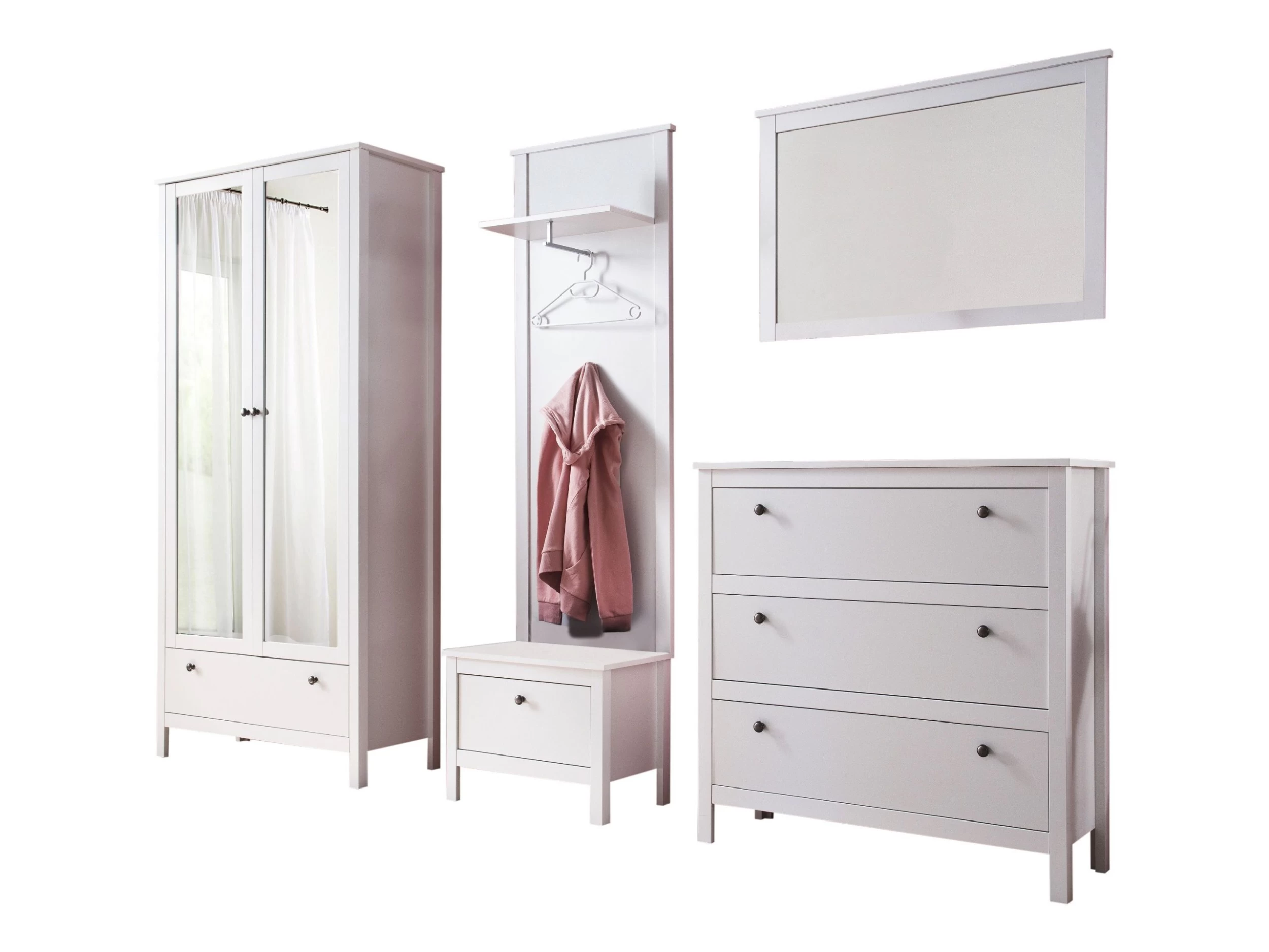 Garderobecombinatie Ole | Paneel, Kledingkast, Spiegel En Bank | Wit 4 Garderobecombinatie Ole | Paneel, Kledingkast, Spiegel En Bank | Wit - Afbeelding 2