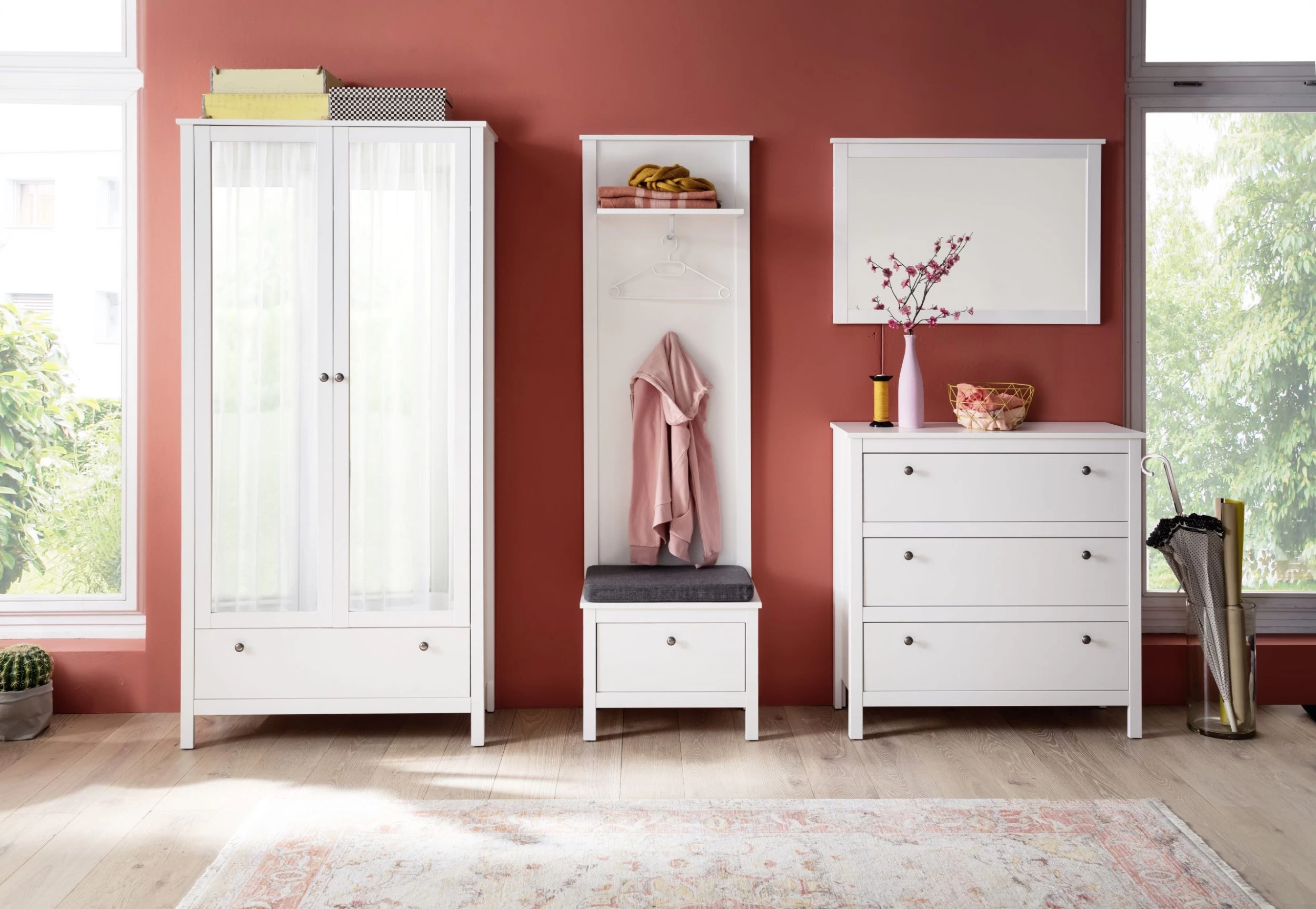 Garderobecombinatie Ole | Paneel, Kledingkast, Spiegel En Bank | Wit 6 Garderobecombinatie Ole | Paneel, Kledingkast, Spiegel En Bank | Wit - Afbeelding 4