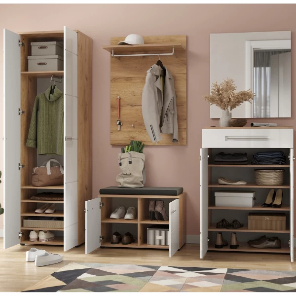 Kledingkast Abby Met 2 Deuren En 5 Legplanken - Eik/hoogglans Wit 4 Kledingkast Abby Met 2 Deuren En 5 Legplanken - Eik/hoogglans Wit - Afbeelding 2