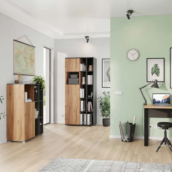 Archiefkast Fiene Met 2 Deuren En 15 Vakken - Antraciet/eik 4 Archiefkast Fiene Met 2 Deuren En 15 Vakken - Antraciet/eik - Afbeelding 2