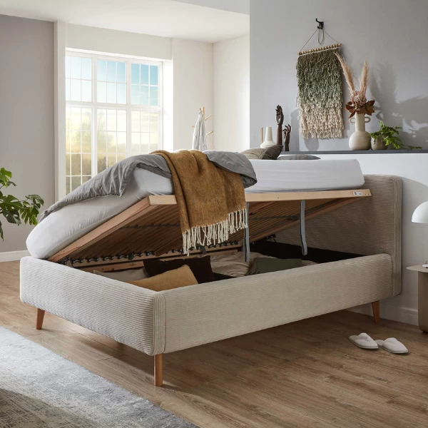 Bed Madras 140x200cm Met Opbergruimte Ribfluweel - Beige 3 Bed Madras 140x200cm Met Opbergruimte Ribfluweel - Beige