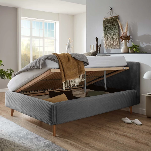 Bed Madras 140x200cm Met Opbergruimte Ribfluweel - Grijs 3 Bed Madras 140x200cm Met Opbergruimte Ribfluweel - Grijs