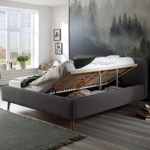 Bed Madras 160x200cm Met Opbergruimte Ribfluweel - Grijs 3 Bed Madras 160x200cm Met Opbergruimte Ribfluweel - Grijs