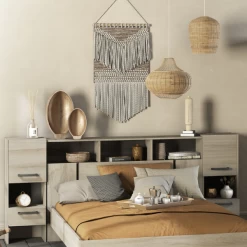 Verlengbaar Hoofbord Waylon 2 Draaideuren, 2 Lades En 5 Open Vakken-Kronberg Eik/Waterford Eik