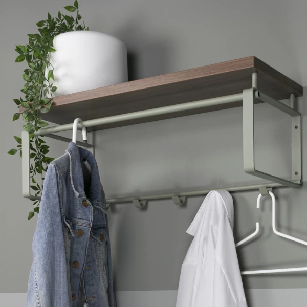 Wandkapstok Rayna 5 Haken, 1 Hoedenplank En 1 Kledingroede-pastel Groen/notenhout 3 Wandkapstok Rayna 5 Haken, 1 Hoedenplank En 1 Kledingroede-pastel Groen/notenhout