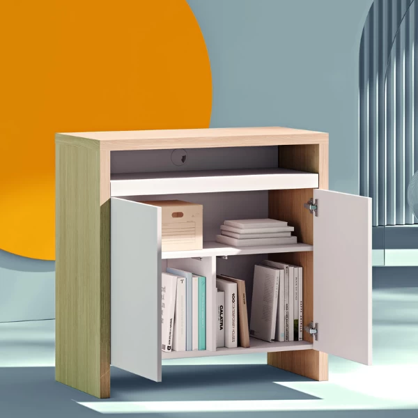 Sidetable Olivette 2 Draaideuren, 1 Legplank, 1 Uitschuifbare Plank, 1 Open Vak-wit/lichte Eik 4 Sidetable Olivette 2 Draaideuren, 1 Legplank, 1 Uitschuifbare Plank, 1 Open Vak-wit/lichte Eik - Afbeelding 2