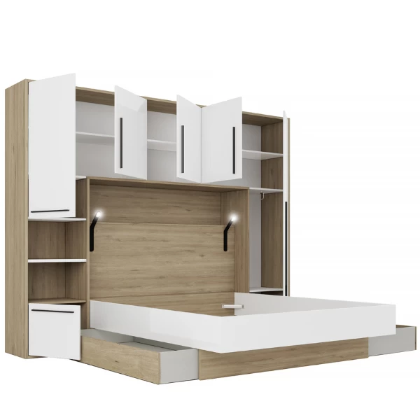 Hoofdbord + Bed Moloko 140 X190 Cm-hoogglans Wit En Eik 4 Hoofdbord + Bed Moloko 140 X190 Cm-hoogglans Wit En Eik - Afbeelding 2