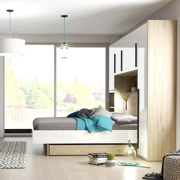 Hoofdbord + Bed Moloko 140 X190 Cm-hoogglans Wit En Eik 5 Hoofdbord + Bed Moloko 140 X190 Cm-hoogglans Wit En Eik - Afbeelding 3