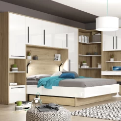 Hoofdbord + Bed Moloko 160 X 200 Cm-hoogglans Wit En Eik