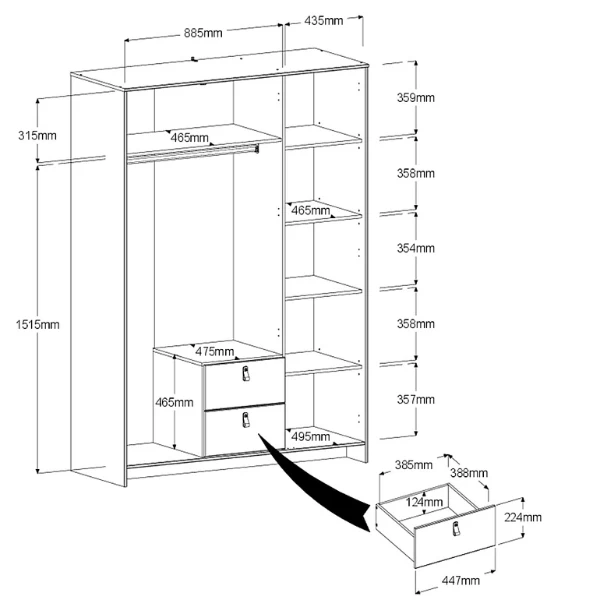 Kledingkast Minty 137cm, 3 Deuren & 2 Lades - Zwart 4 Kledingkast Minty 137cm, 3 Deuren & 2 Lades - Zwart - Afbeelding 2