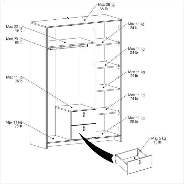 Kledingkast Minty 137cm, 3 Deuren & 2 Lades - Zwart 5 Kledingkast Minty 137cm, 3 Deuren & 2 Lades - Zwart - Afbeelding 3