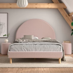 Gestoffeerd Bed Maeva 140x200cm Met Twee Nachttafeltjes - Roze Bouclé Stof
